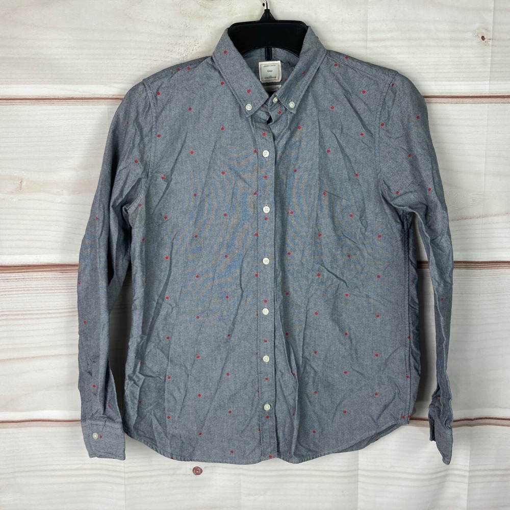 Gap Top Womens S Fitted Boyfriend Button-Up Shirt Blue Red Polka Dot Collar